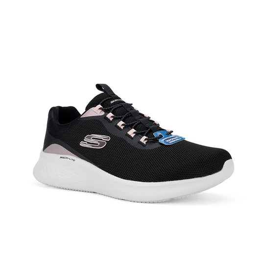 Black women's Skech Lite Pro sneaker with mesh upper, lace-up front, and white sole