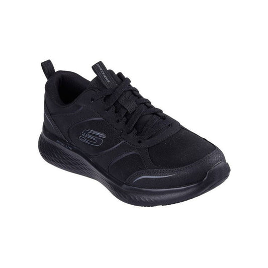 Black lace-up Skechers sneaker with S logo and cushioned textured sole