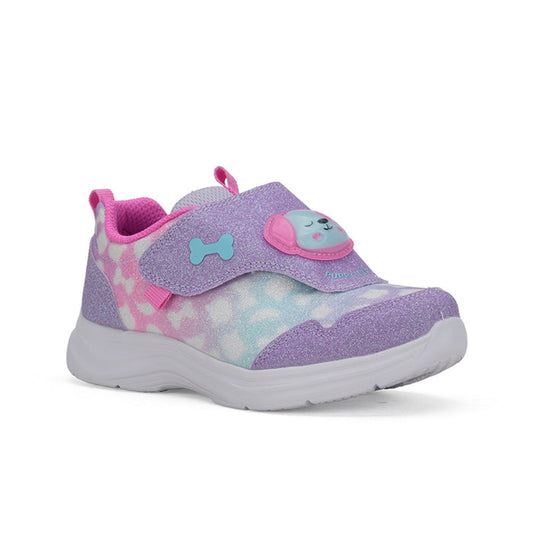 Girls' glitter sneakers, multicolor upper with pink accents, hook-and-loop strap, cushioned sole