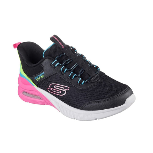 Girls' black slip-on sneakers with multicolor laces and pink/white air sole