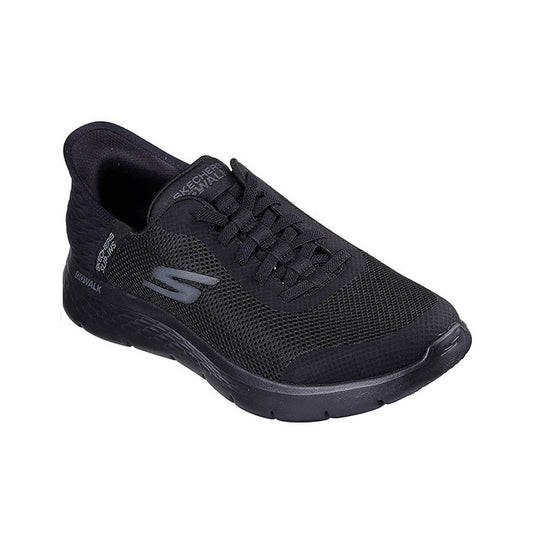 Skechers slip-on men's sneaker, black breathable mesh upper with lace-up detailing.