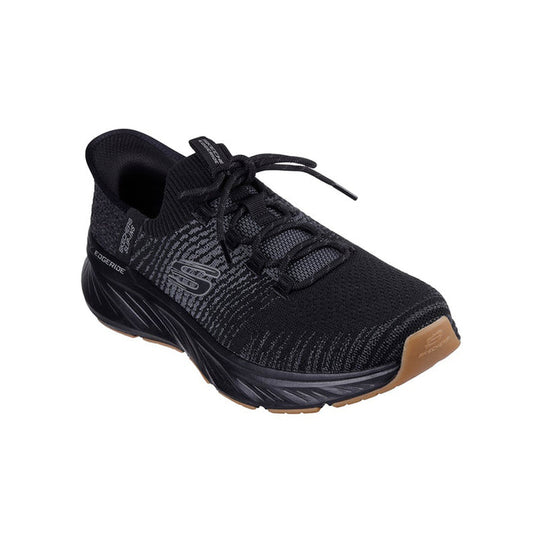 Black knit lace-up men's sneaker with textured side logo and cushioned tread sole.