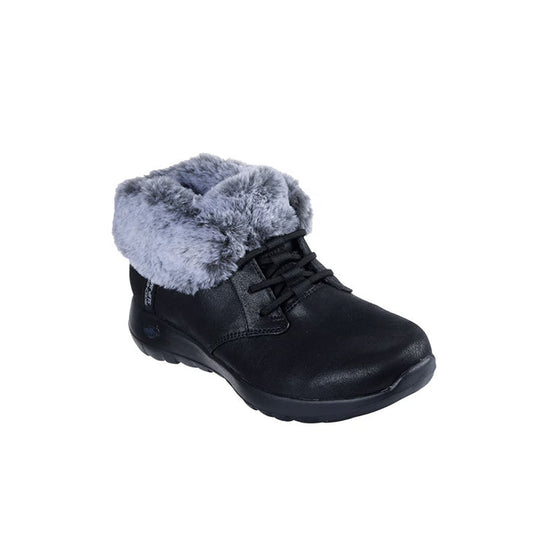 Black leather slip-on boot with gray faux-fur collar and lace-up detail