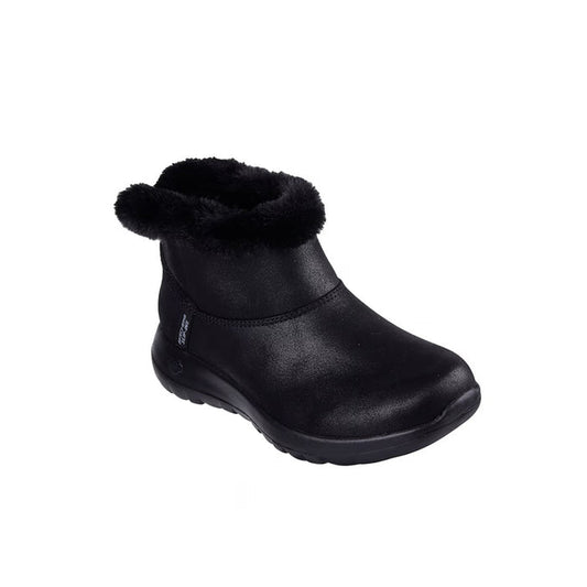 Black slip-on leather boot with plush faux-fur cuff and side seam detail