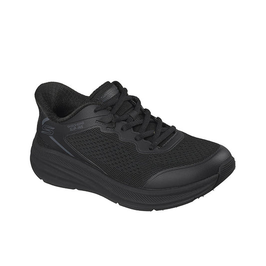 Women's black slip-on sneakers with mesh upper and cushioned sole