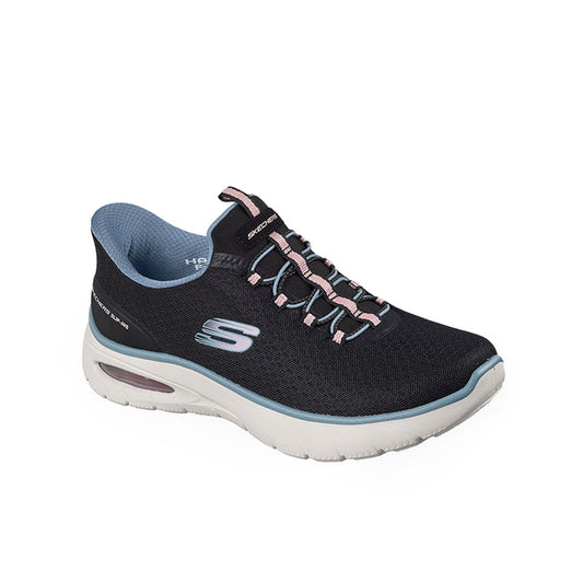 Black Skechers slip-on sneakers with lace-up front, cushioned sole, and S logo