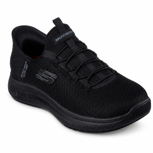 Skechers Summits SR Enslee unisex black slip resistant work shoes with breathable knit mesh upper and stretch laces