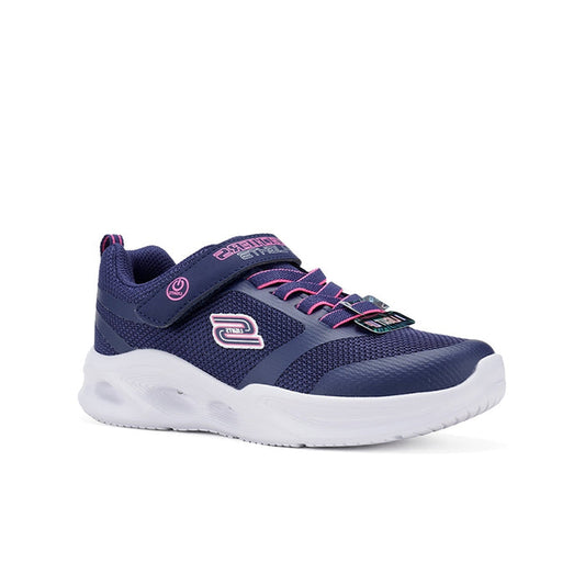 Navy girls mesh sneakers with pink laces and chunky white sole