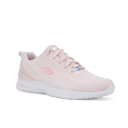 Light pink knit lace-up women's sneaker with Skechers S logo and cushioned sole