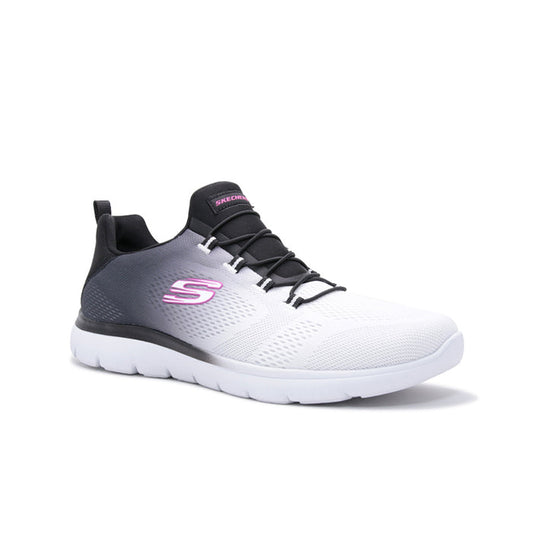 Women’s textile sneaker with dark upper, white toe, black laces, pink S logo