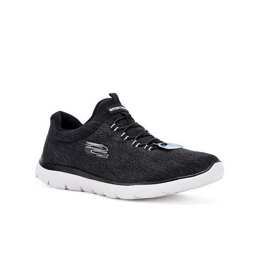 Black textile women's sneaker with lace-up front and white cushioned sole