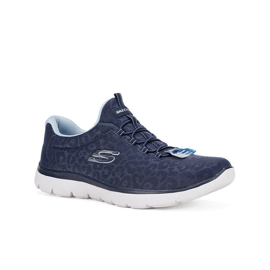 Navy Skechers women's lace-up sneaker with textured upper and white cushioned sole