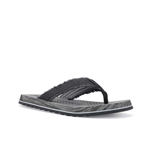 Men's slide sandals with black textured upper and gray striped midsole