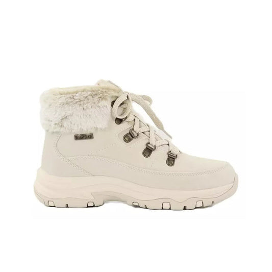 Beige women's ankle boots with faux-fur collar, lace-up front, rugged sole