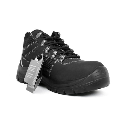 Men's black lace-up boots with metal eyelets and treaded rubber sole