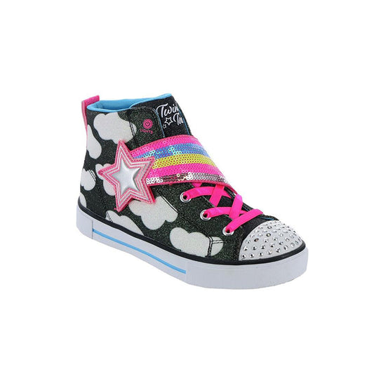 Girls high-top flats sneaker, black cloud print with rainbow stripe and pink laces