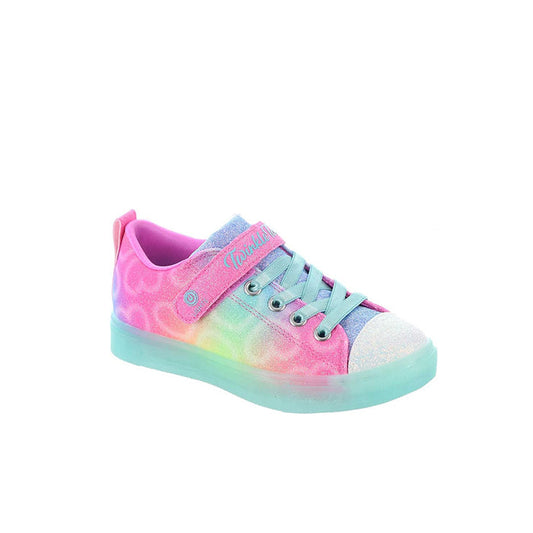 Children's low-top sneakers, multicolor glitter upper, lace-up, light blue sole