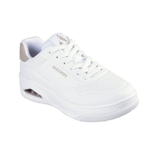 White leather women’s sneakers, lace-up style with thick platform sole and logo detail