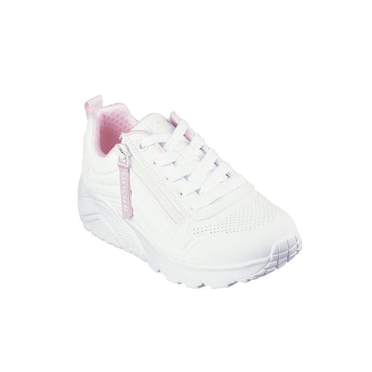 White girl’s sneakers with pink zip accent and lace-up front, cushioned chunky sole