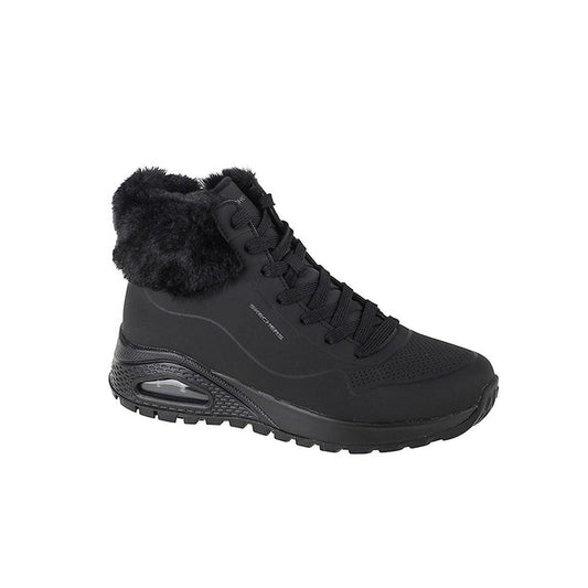Women's black ankle boots with lace-up front and faux-fur collar