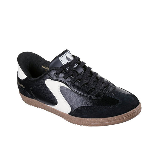 Black and gray Skechers casual slip-on sneakers with white logo and lace-up design