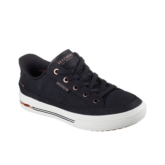 Skechers black canvas slip-on sneakers with lace front and white rubber sole
