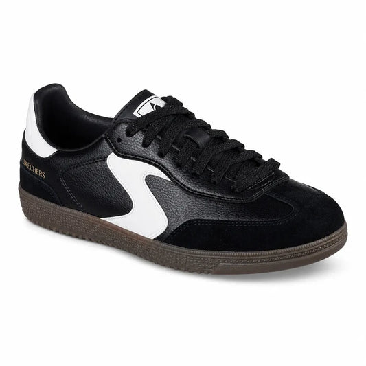 Black lace-up sneakers with white swoosh panel and brown gum sole