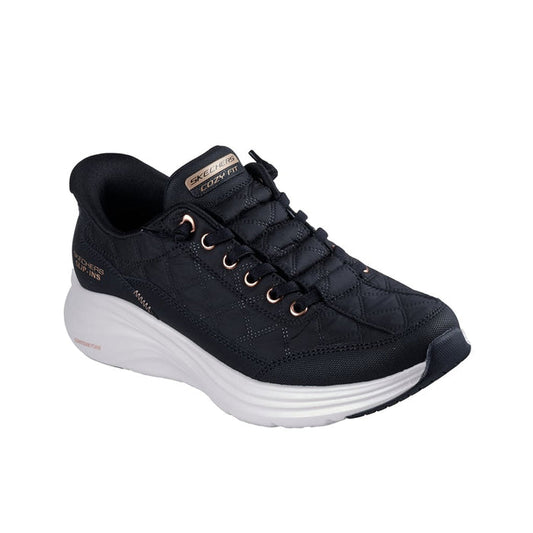 Black women's sneakers with lace-up front and cushioned white sole