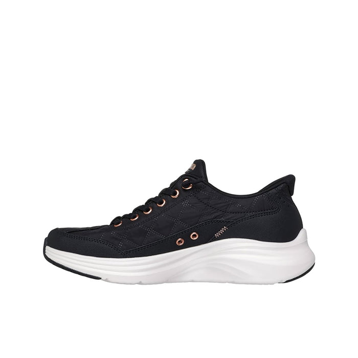 Black women's lace-up sneakers with white midsole and textured side panels