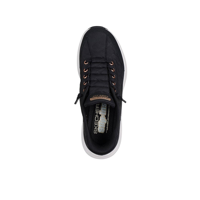 Black women's sneaker showing lace-up closure and padded tongue