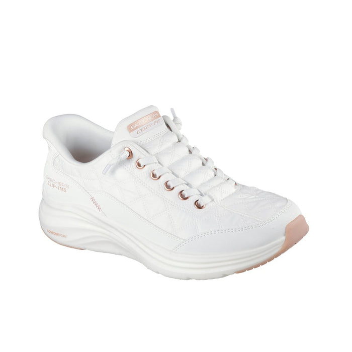 White women's lace-up sneakers with cushioned sole and tan lace eyelets