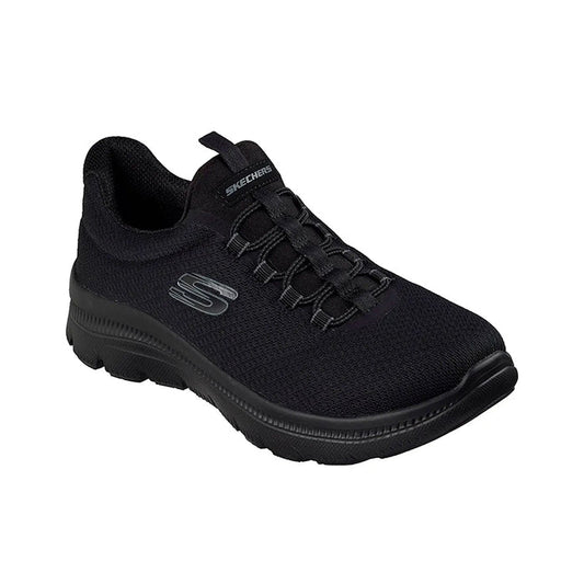 Black knit lace-up sneaker with S logo, cushioned sole, and textured outsole