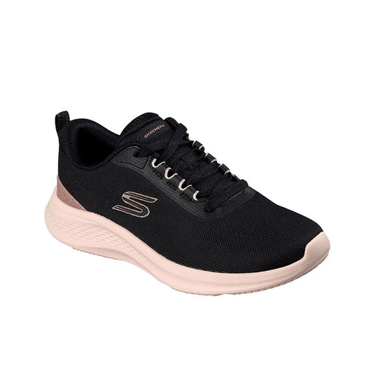 Women’s black lace-up knit sneakers with cushioned light sole and S logo.