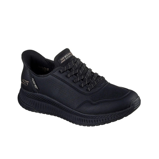 Black lace-up knit sneakers with chunky rubber sole and logo side panel