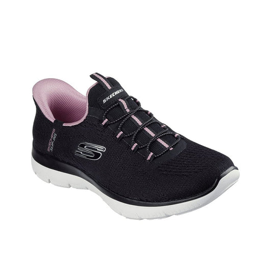 Black knit lace-up Skechers sneakers with pink lining and white cushioned sole