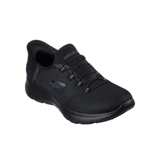Lightweight black women's walking sneaker with lace-up front and cushioned sole