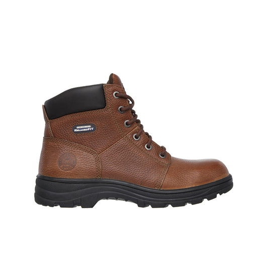 Brown leather lace-up work boot with black ankle panel and rugged tread sole