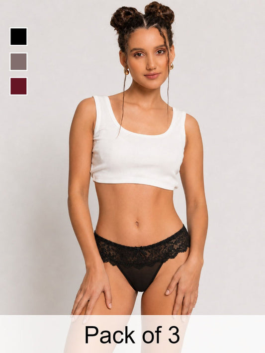 Soft Lace Mid Rise Thongs-Pack of 3