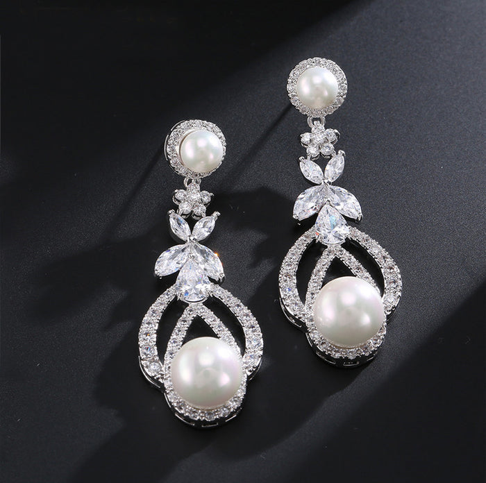 Statement Long Drop Pearl & Cubic Zirconia Earrings - The Wedding Garter