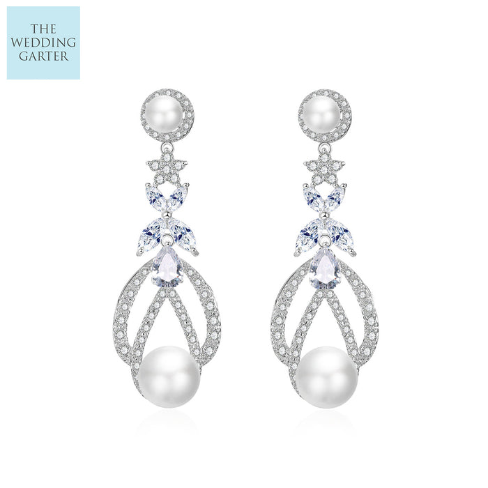 Statement Long Drop Pearl & Cubic Zirconia Earrings - The Wedding Garter