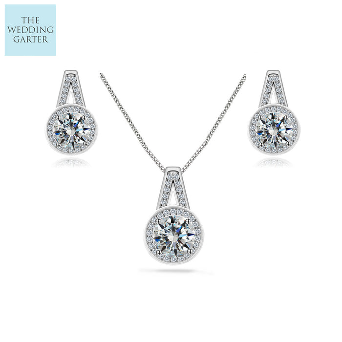Sterling Silver CZ Diamond Pendant Bridal Jewellery Set - The Wedding Garter