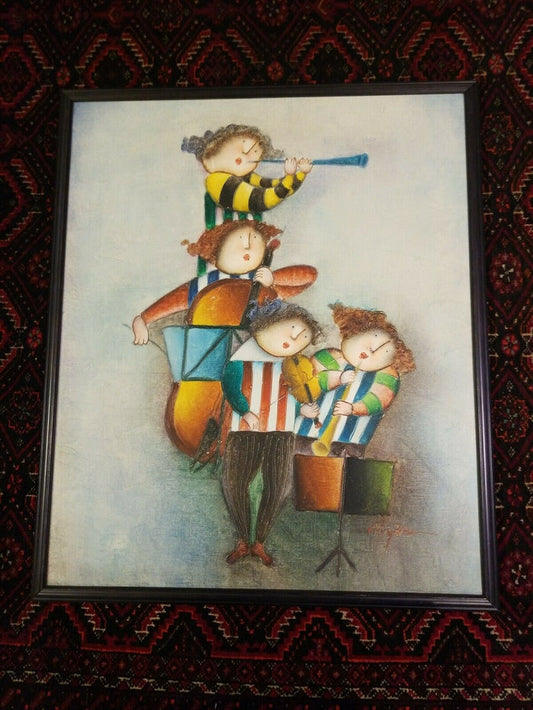 Stylized Signed Painting Of Kids Playing Music Reminiscent of Joyce Royball - Diamonds Sapphires Rubies Emeralds