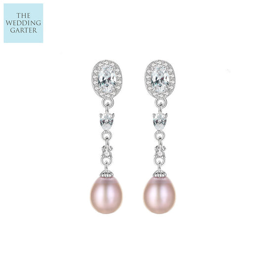 real pink pearl long drop earrings
