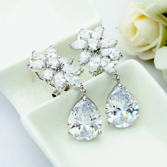 Teardrop Cubic Zirconia Drop Earrings For Wedding - The Wedding Garter