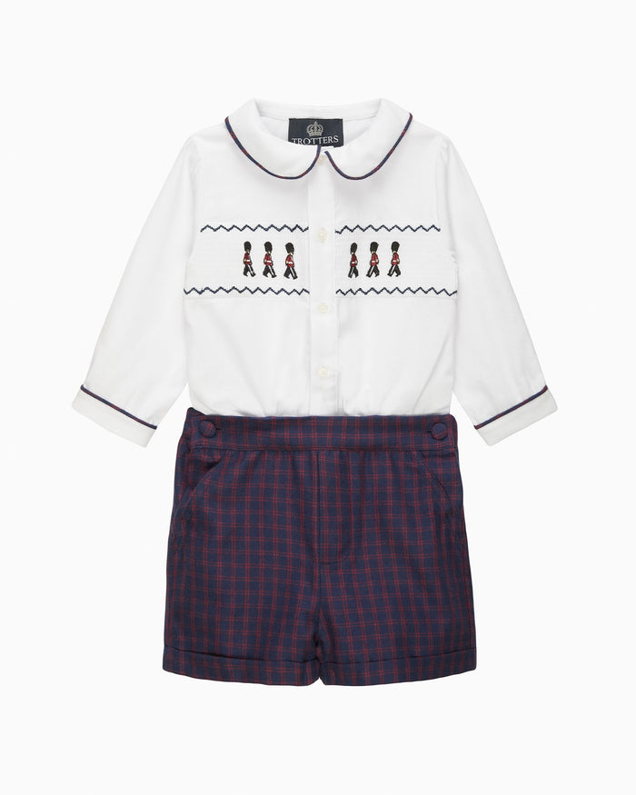 Trotters Heritage Set The Rupert Smocked Set in White/Navy Check Guardsman
