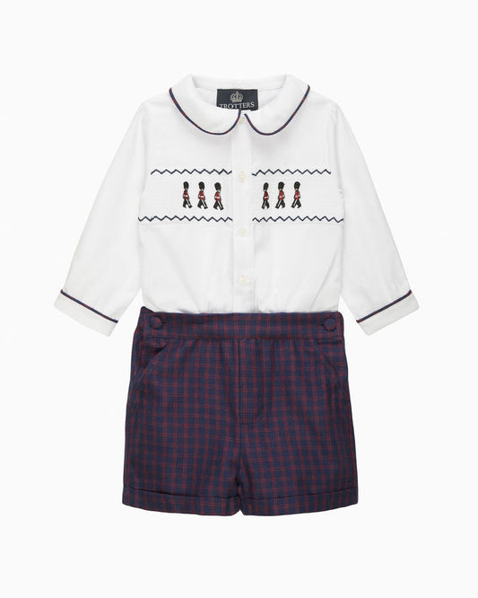 Trotters Heritage Set The Rupert Smocked Set in White/Navy Check Guardsman
