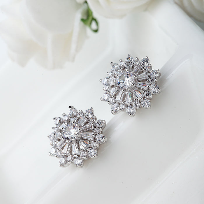 Tiffany Style Floral Design CZ Diamond Stud Earrings - The Wedding Garter