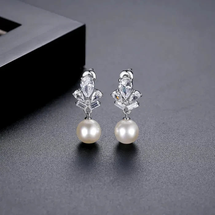 Timeless Pearl & Zirconia Drop Bridal Earrings - The Wedding Garter