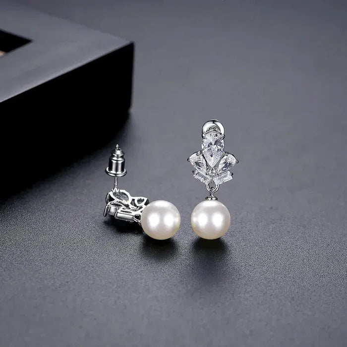 Timeless Pearl & Zirconia Drop Bridal Earrings - The Wedding Garter