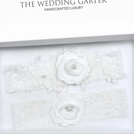 Trisha Off White Lace Floral Bloom Wedding Garter Set Online - The Wedding Garter